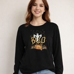 Happy Halloween Black‎ Embellished Tee Top Women's XL Boo Y2K Vintage 90s